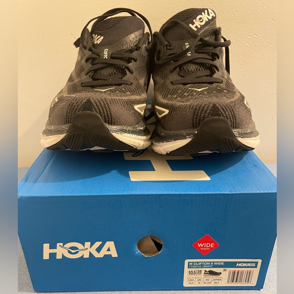 HOKA Clifton Black/White 10.5 Wide (soles removed from inside the shoe)